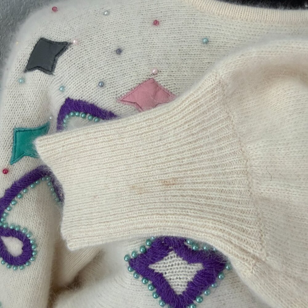 Vintage 80s Pastel Angora Geometric Sweater Cream Ivory Large - Picture 14 of 14